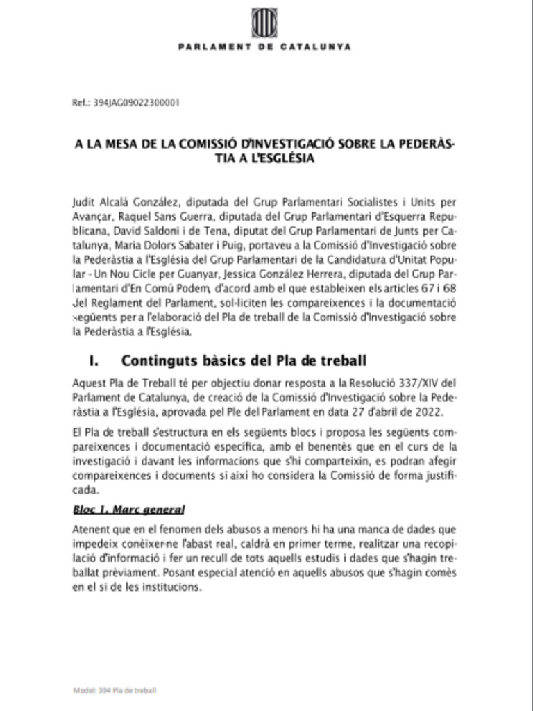 Primera pàgina del document al qual ha tingut accés Ràdio Estel sobre el pla de treball de la comissió d'investigació al Parlament respecte als abusos sexuals a menors en el si de l'Església, l'àmbit educatiu i de lleure. 